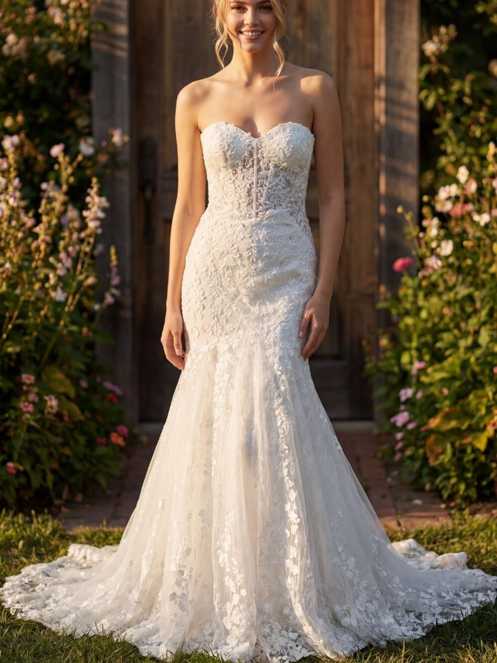 MERMAID WEDDING DRESS. STRAPLESS OFF WHITE LACE CORSET LACE UP BACK GOWN